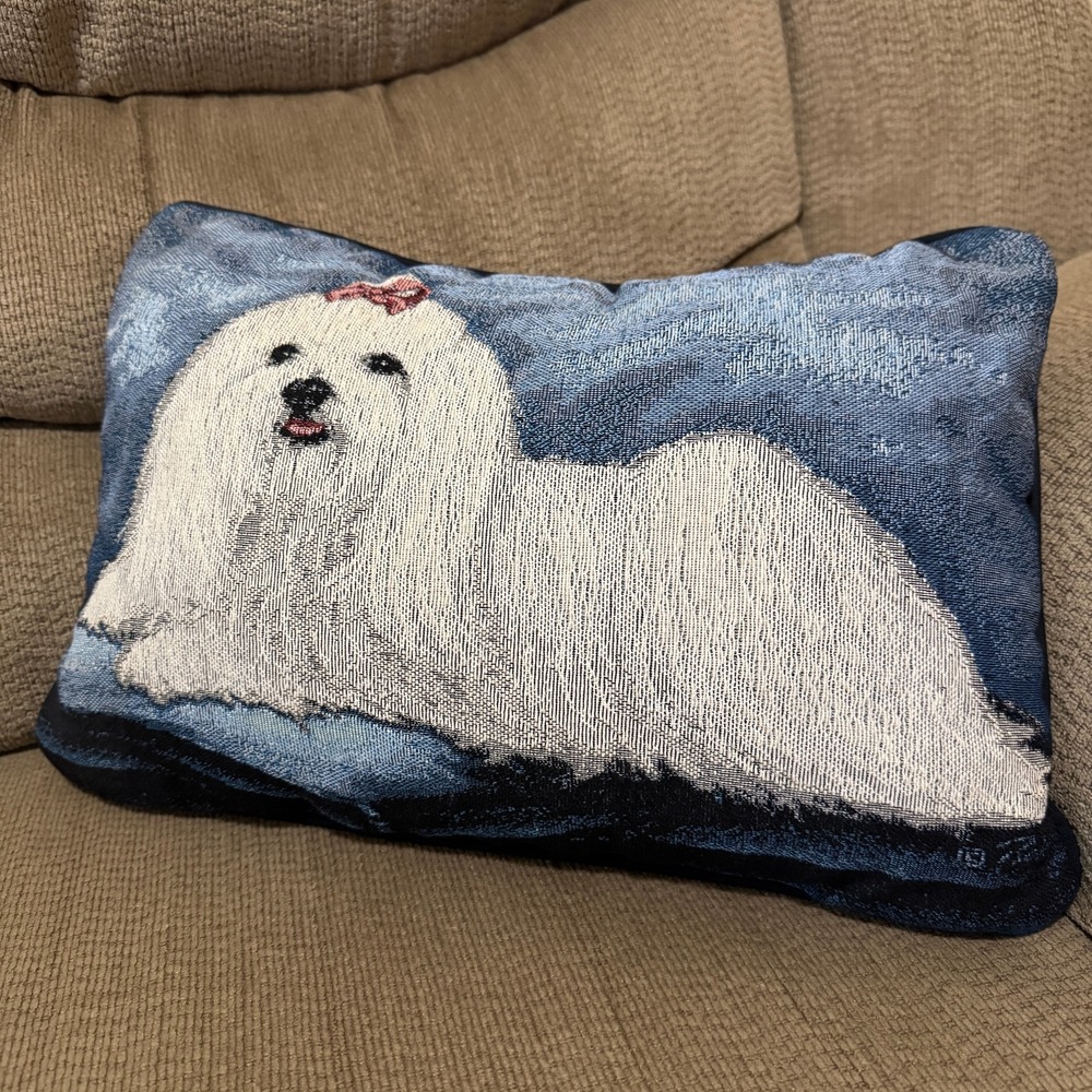 Vintage Linda Picken Maltese Dog Tapestry Accent Pillow Made In USA 17x12